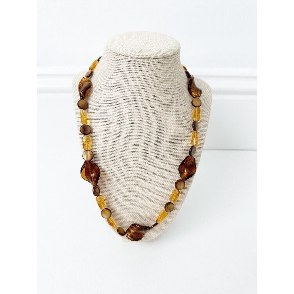 NWT Genuine Murano Glass, Mother of Pearl & Lampwork Glass Necklace Brown Beaded